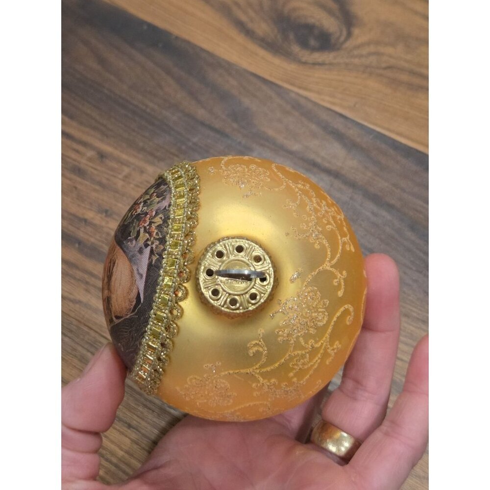 Vtg Germany Glass Christmas Ornament Santa Children Gold Ball 4” Hand Decorated - Picture 6 of 8